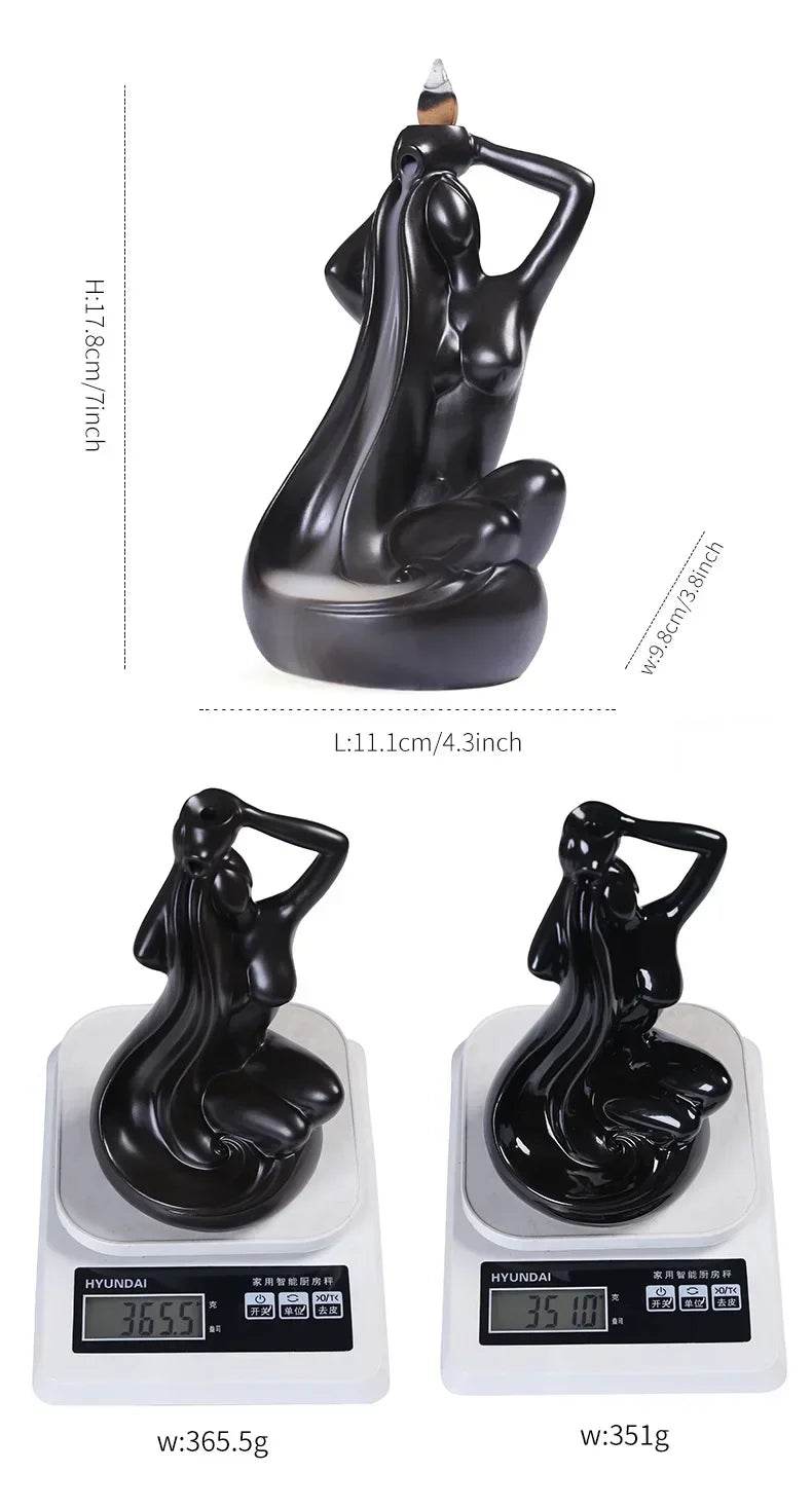 Thai Blessing Co black sculpted seated woman ceramic backflow incense burner showing dimensions and weights