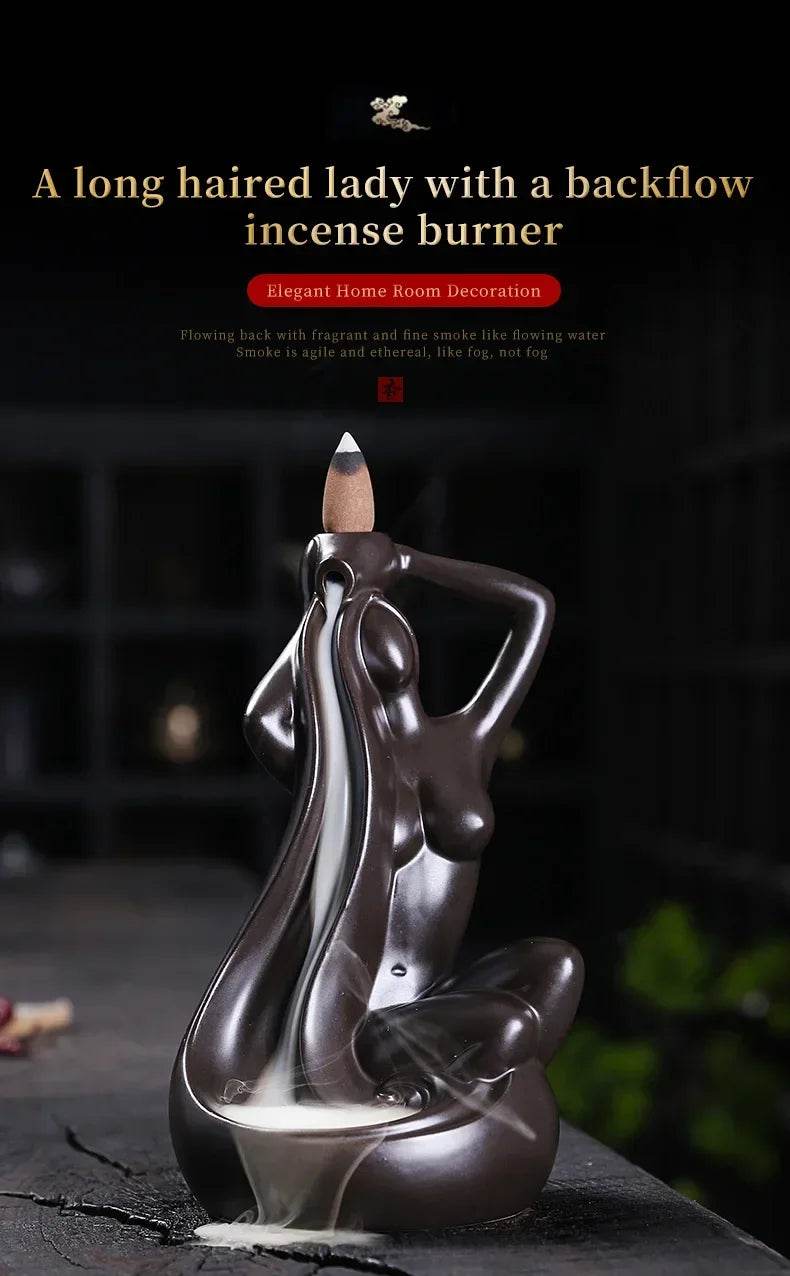 Brown sculpted long haired lady ceramic backflow incense burner with cascading smoke effect