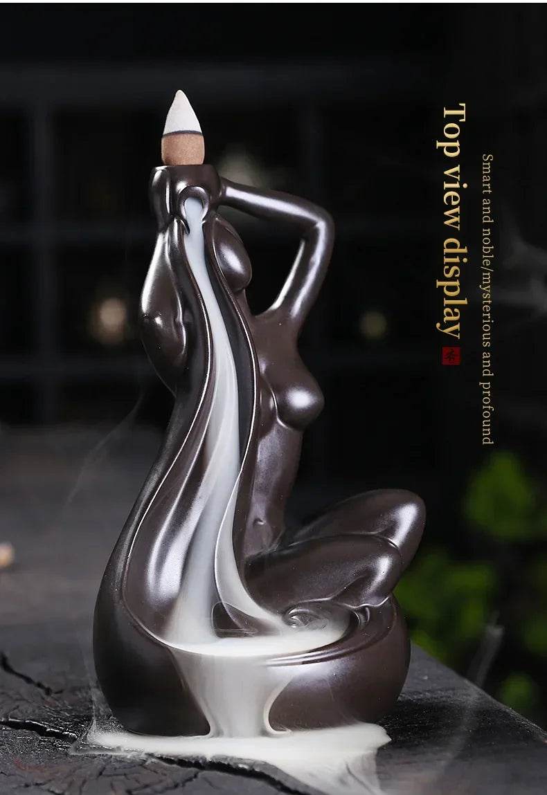 Brown glossy nude sculpture ceramic backflow incense burner with cascading smoke waterfall for meditation and decor