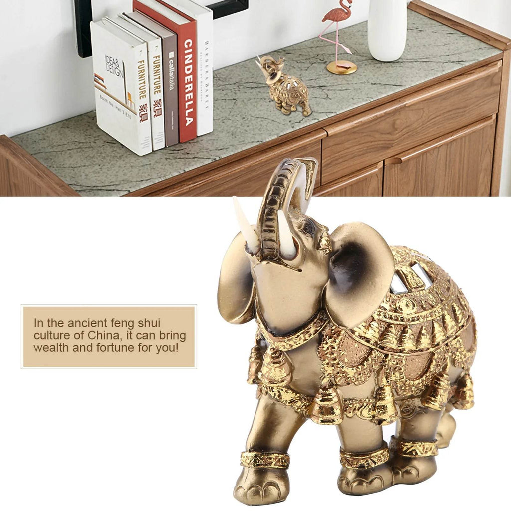 Golden Feng Shui Elephant Statue - Thai Elephant Decor for Wealth, Prosperity & Good Fortune - Elegant Resin Sculpture for Home & Office Décor