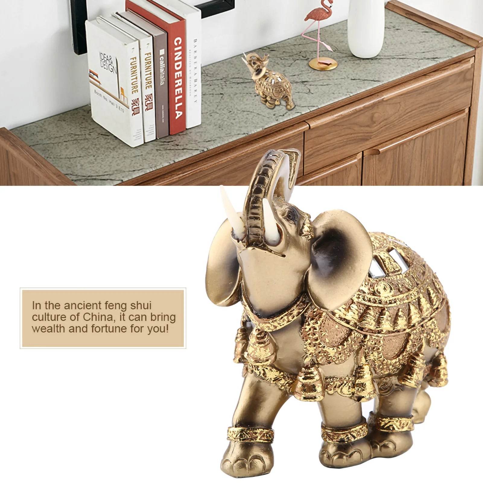 Golden Feng Shui Elephant Statue - Thai Elephant Decor for Wealth, Prosperity & Good Fortune - Elegant Resin Sculpture for Home & Office Décor