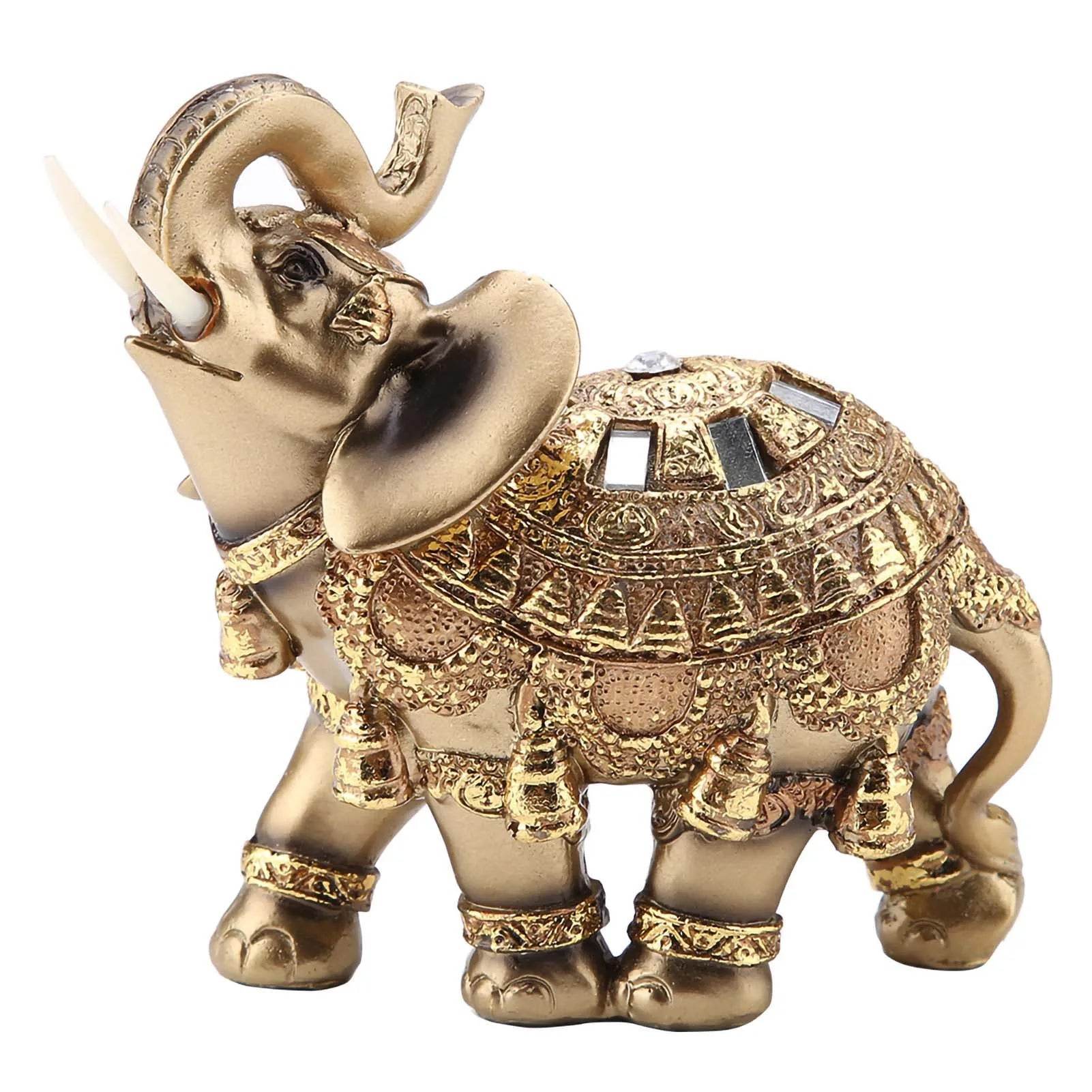 Golden Feng Shui Elephant Statue - Thai Elephant Decor for Wealth, Prosperity & Good Fortune - Elegant Resin Sculpture for Home & Office Décor