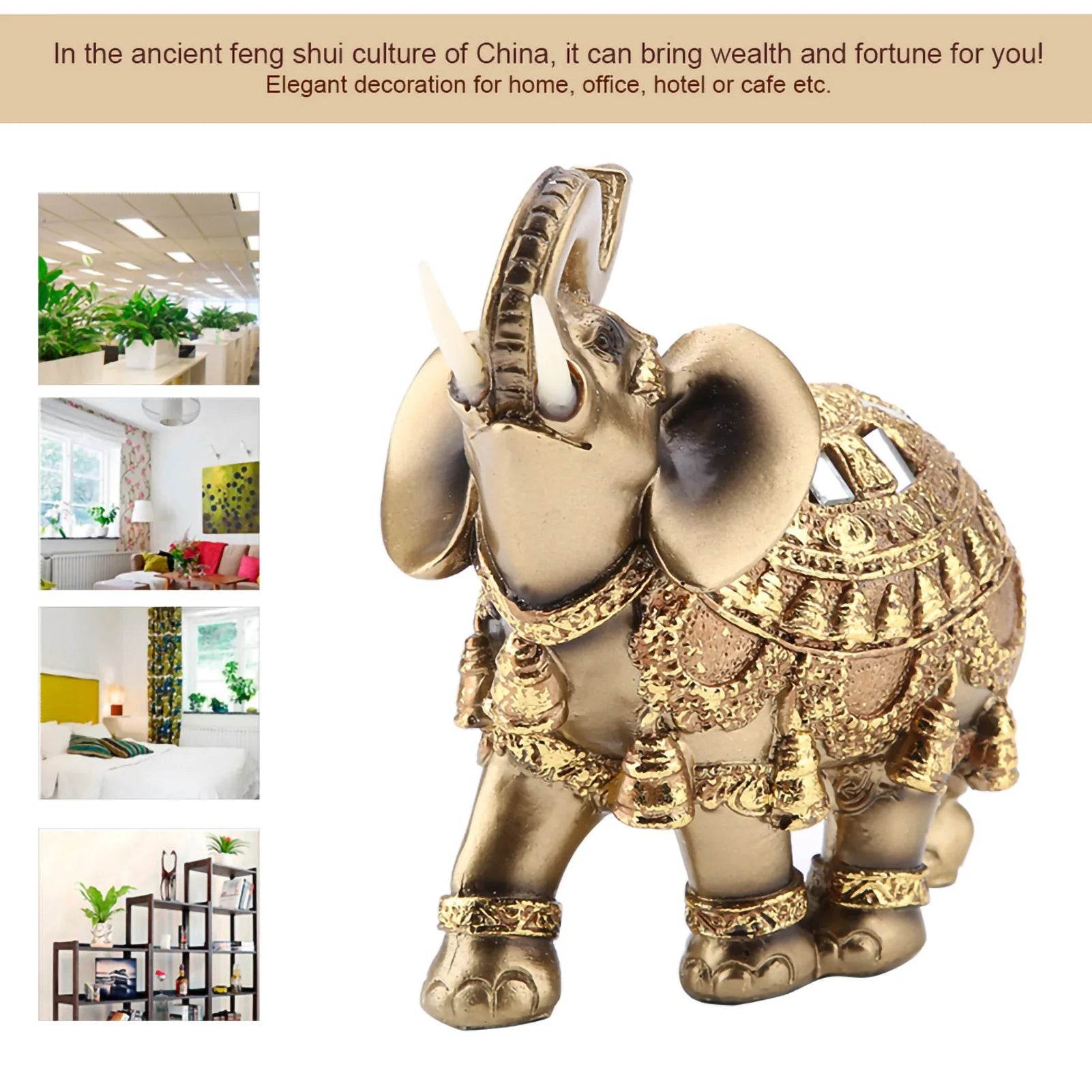 Golden Feng Shui Elephant Statue - Thai Elephant Decor for Wealth, Prosperity & Good Fortune - Elegant Resin Sculpture for Home & Office Décor