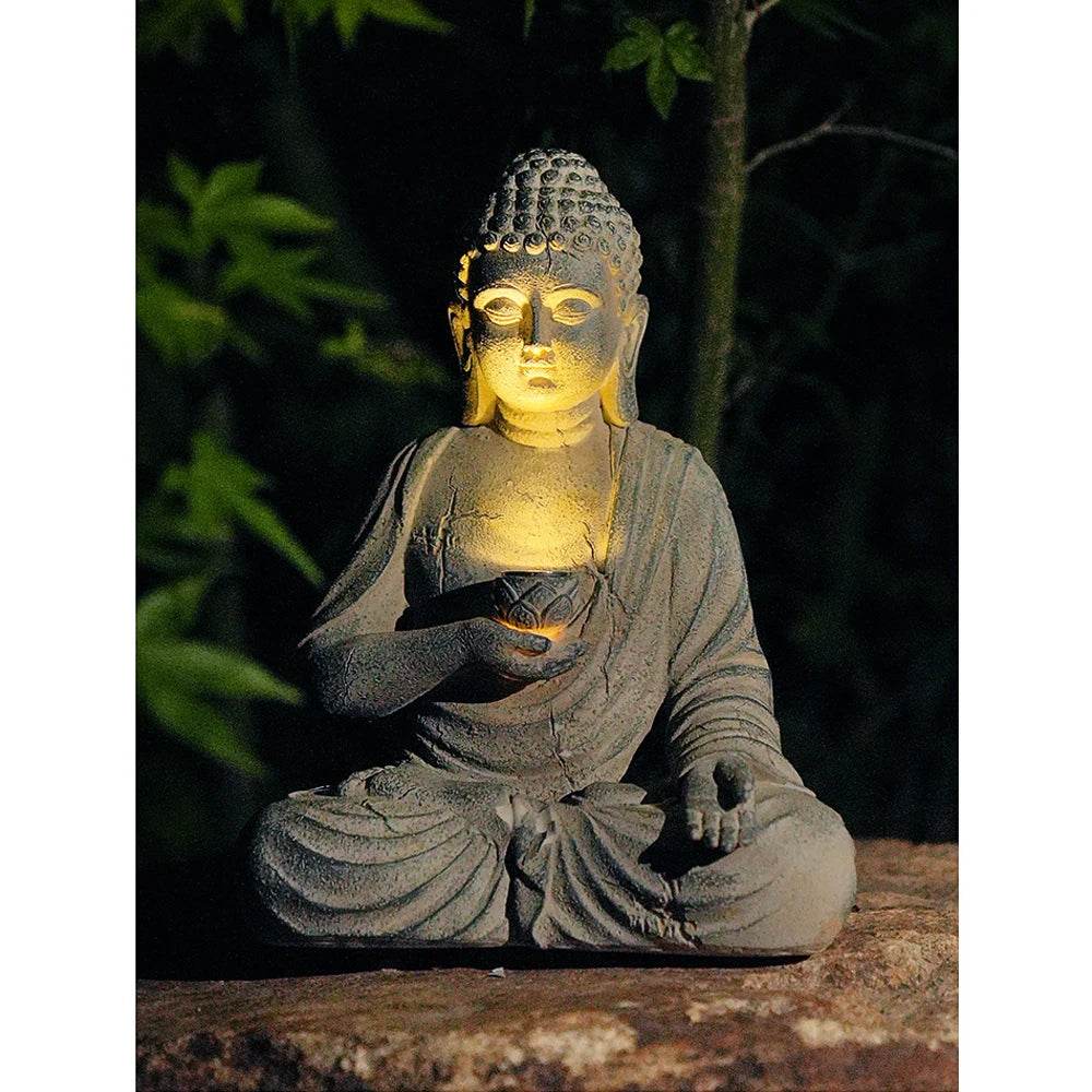 Resin Solar-Powered Thai Buddha Garden Decor Lamp with Lotus – Indoor & Outdoor Zen Statue