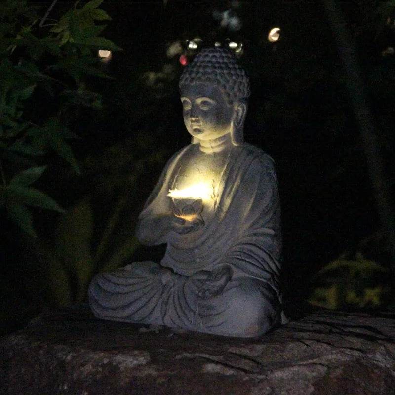 Resin Solar-Powered Thai Buddha Garden Decor Lamp with Lotus – Indoor & Outdoor Zen Statue