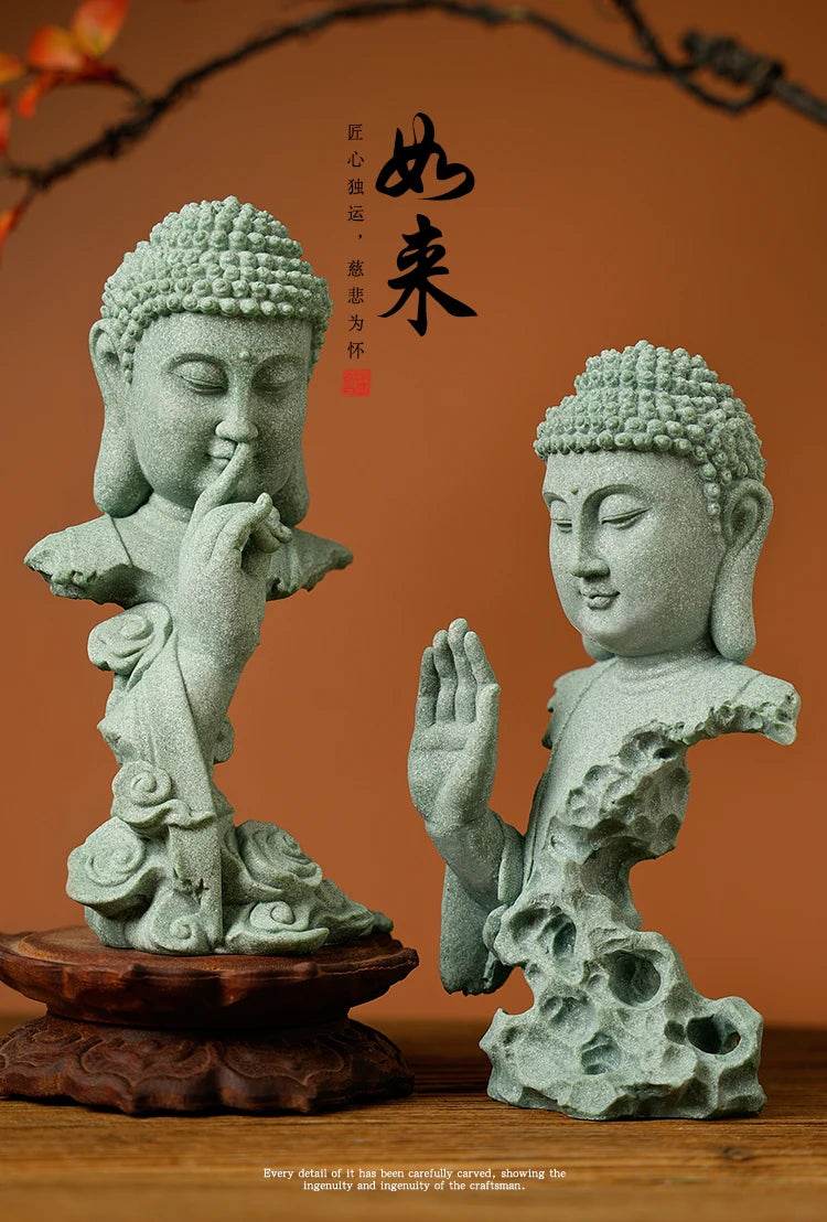 Buddhist Zen Desktop Decor – Green Sandstone Statue for Tranquil Tablescape