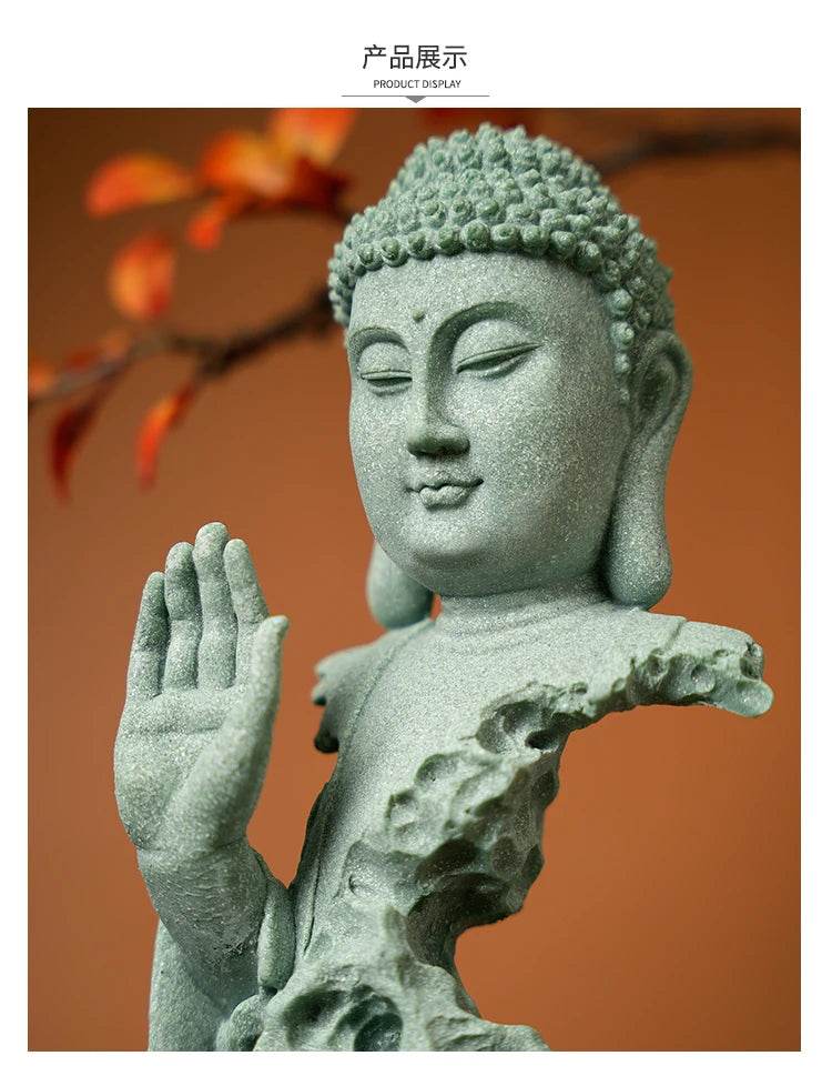 Buddhist Zen Desktop Decor – Green Sandstone Statue for Tranquil Tablescape