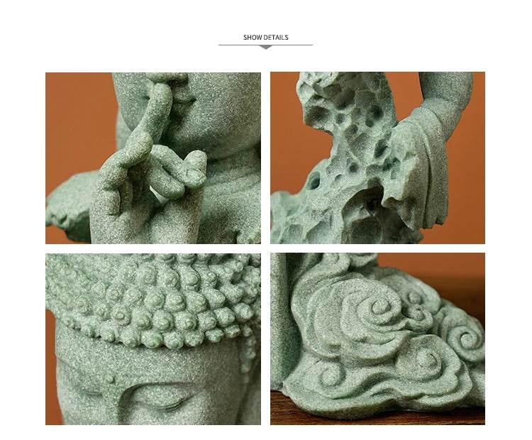 Buddhist Zen Desktop Decor – Green Sandstone Statue for Tranquil Tablescape