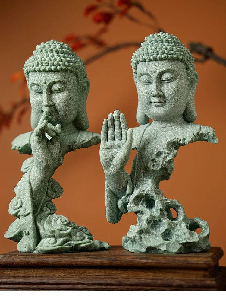 Buddhist Zen Desktop Decor – Green Sandstone Statue for Tranquil Tablescape