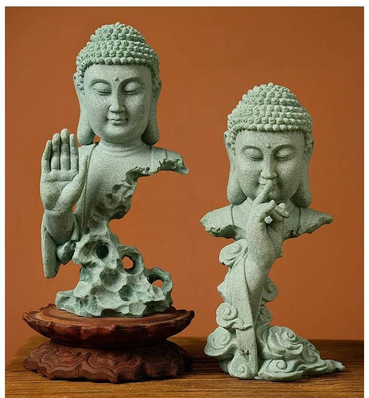 Buddhist Zen Desktop Decor – Green Sandstone Statue for Tranquil Tablescape