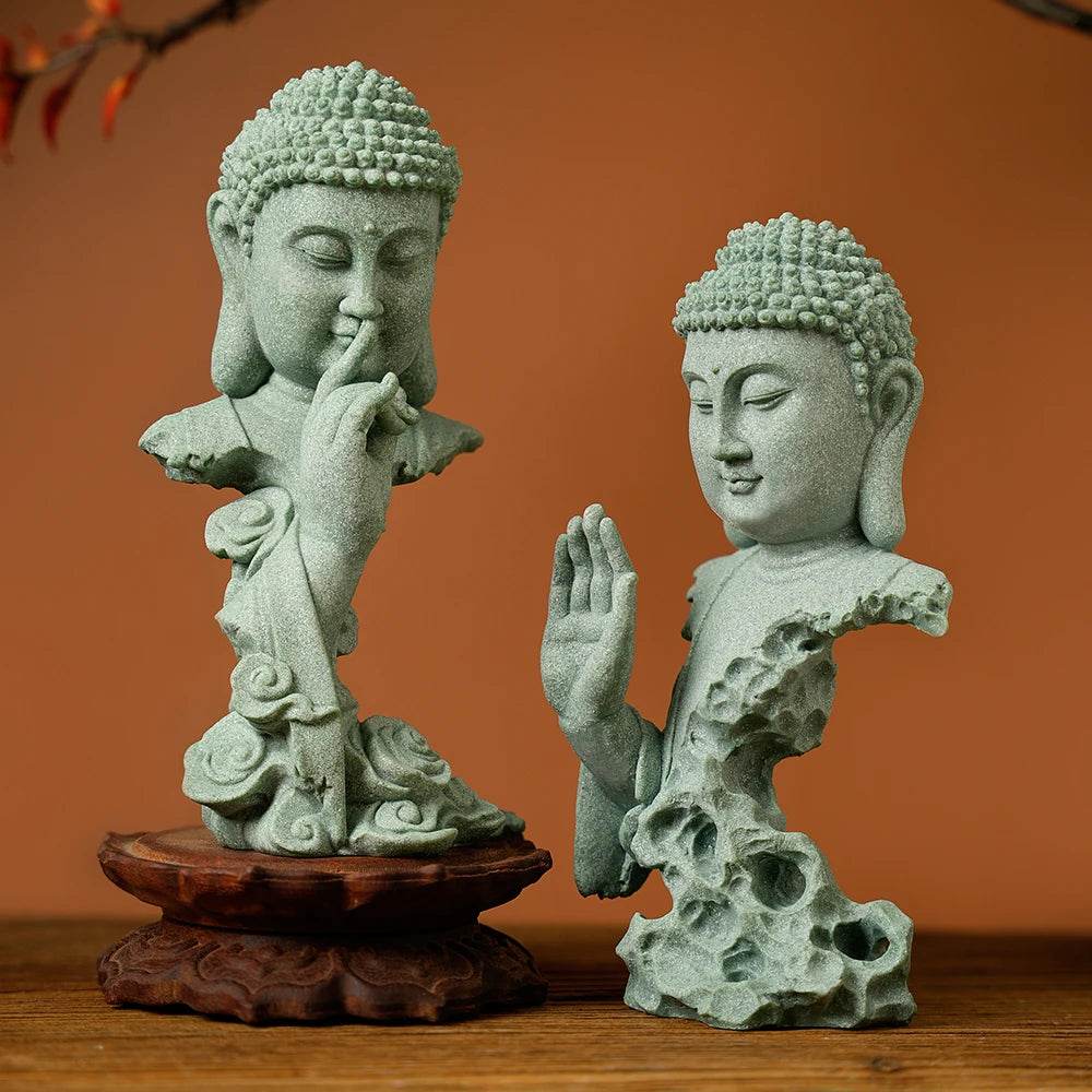 Buddhist Zen Desktop Decor – Green Sandstone Statue for Tranquil Tablescape