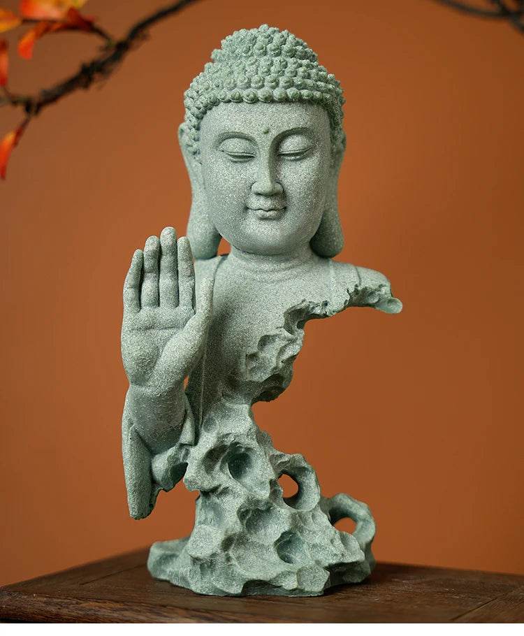 Buddhist Zen Desktop Decor – Green Sandstone Statue for Tranquil Tablescape
