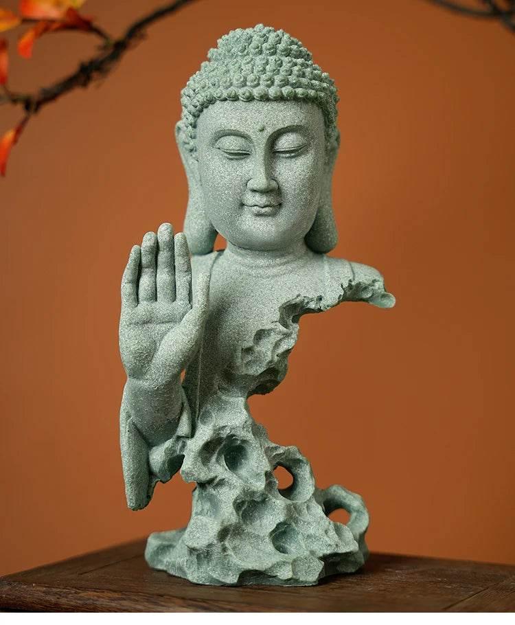 Buddhist Zen Desktop Decor – Green Sandstone Statue for Tranquil Tablescape