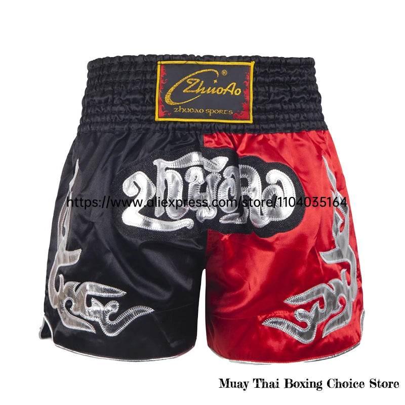 Muay Thai shorts Thailand red and black satin training shorts with silver tribal designs and elastic waistband