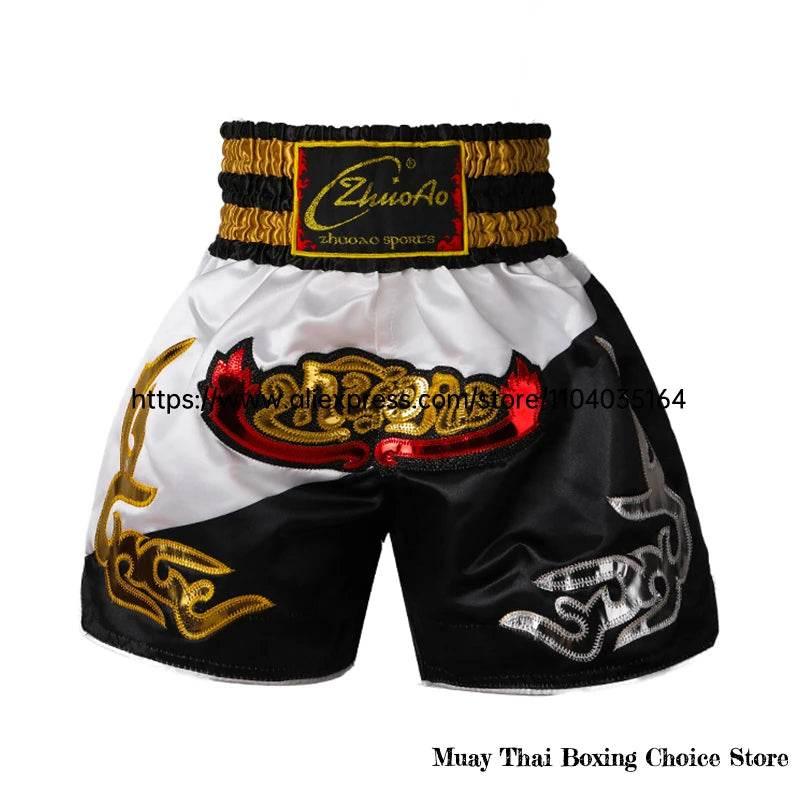 Muay Thai Shorts Embroidered – Unisex Kickboxing, MMA & Boxing Trunks for Men, Women & Kids | Satin Gym Fightwear A1 White Black
