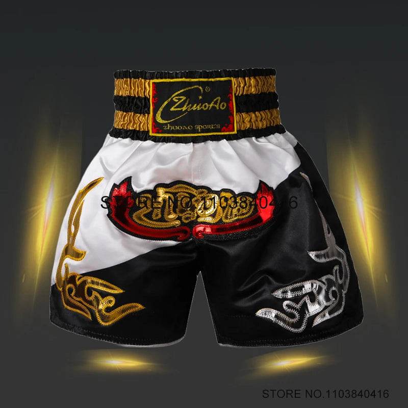 Muay Thai shorts Thailand black white gold embroidered with traditional Thai designs