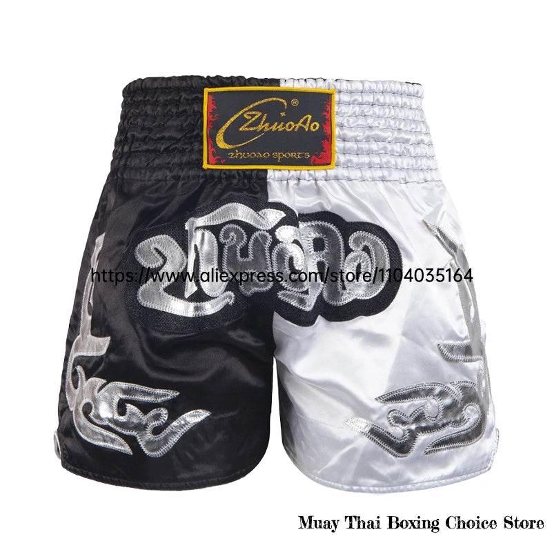 Muay Thai Shorts Embroidered – Unisex Kickboxing, MMA & Boxing Trunks for Men, Women & Kids | Satin Gym Fightwear A4 Black White