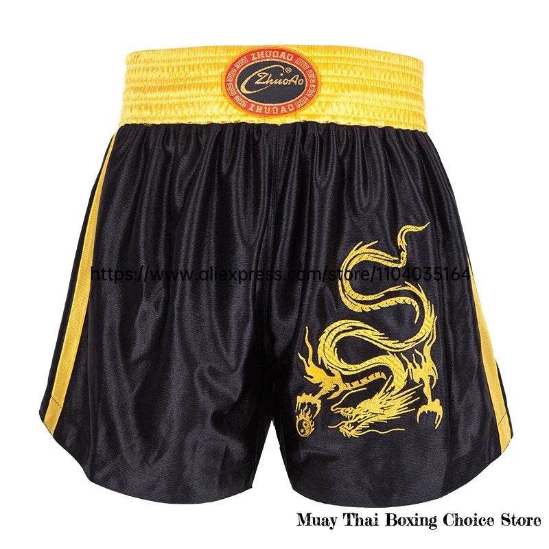 Black and yellow Muay Thai shorts Thailand with dragon embroidery and elastic yellow waistband