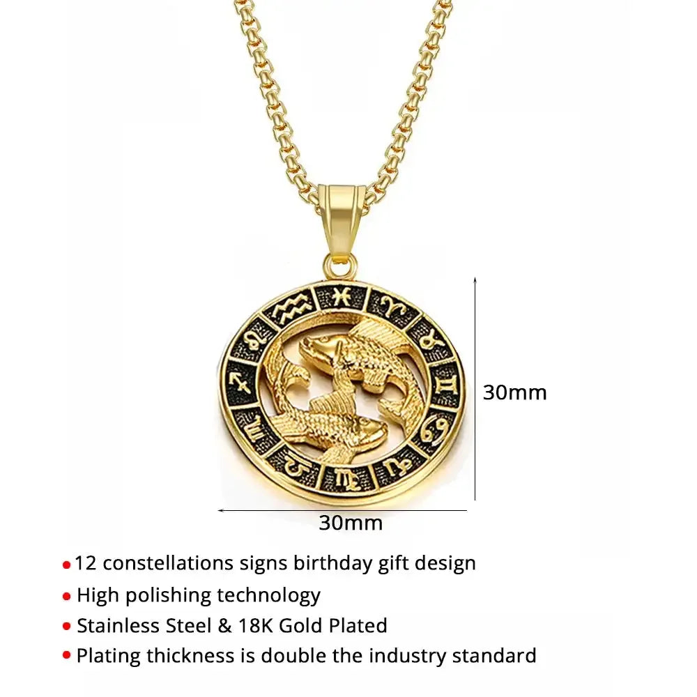 ♌♏ Zodiac Sign Leo Scorpio Pendant Necklace – Gold Color Stainless Steel Round 12 Constellation Design Unisex Astrology Jewelry Stylish Gift for Women and Men