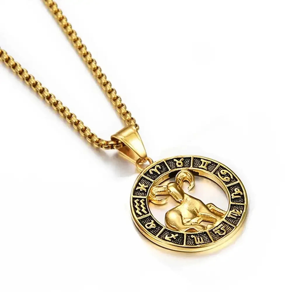 ♌♏ Zodiac Sign Leo Scorpio Pendant Necklace – Gold Color Stainless Steel Round 12 Constellation Design Unisex Astrology Jewelry Stylish Gift for Women and Men Aries Gold Color